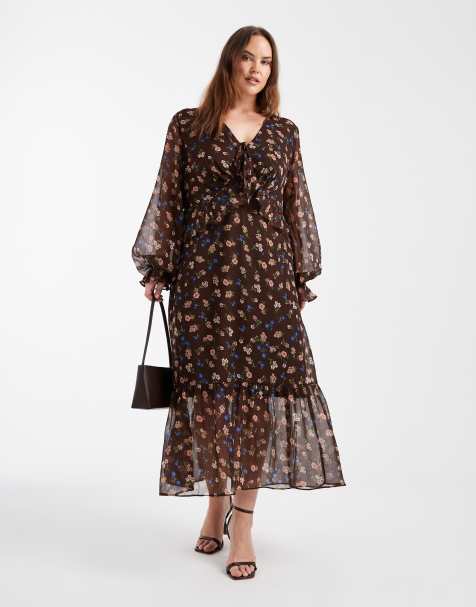 New Look Curve ditsy long sleeve midi dress in brown pattern