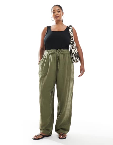 New Look Curve double cloth wide leg pants in khaki - view 1
