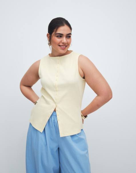 New Look Curve – Durchgeknöpftes Tanktop in Hellgelb mit U-Boot-Ausschnitt - view 1