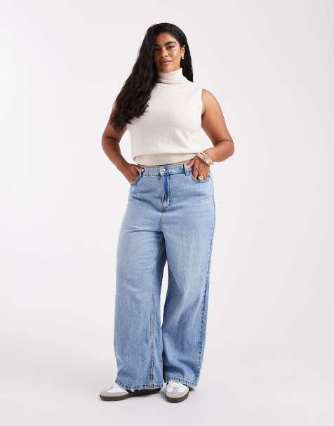 New Look Curve elasticated back wide leg jeans in light blue