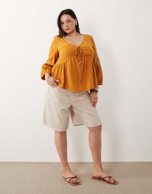 New Look Curve embroidered sleeve tea top in burnt orange, 2 of 4