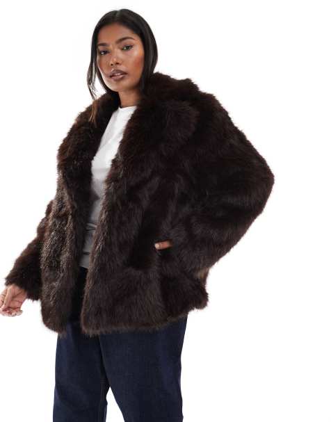 New Look Curve faux-fur coat in brown - view 1