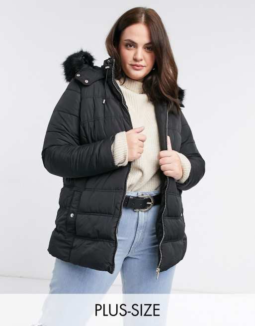 New Look Curve faux fur hooded puffer jacket in black | ASOS