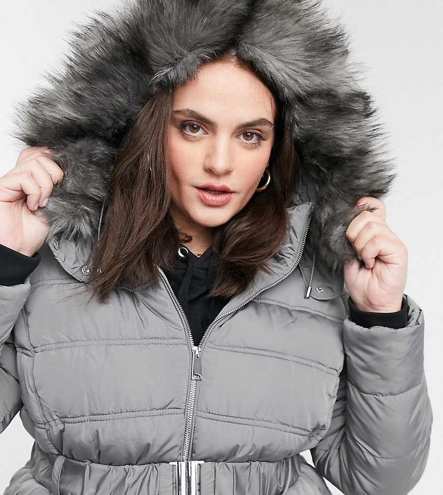 New Look Curve faux fur hooded puffer jacket in gray-Grey