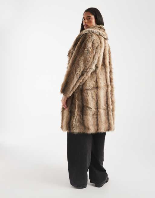 New Look Curve faux fur mid length stripe coat in brown, 3 of 4
