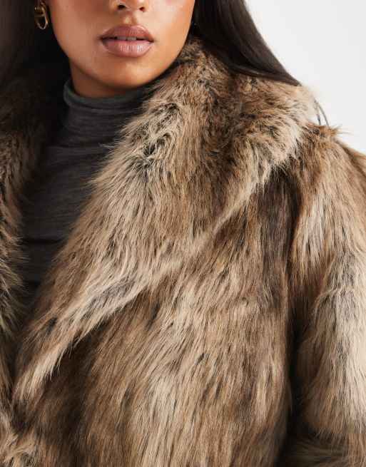 New Look Curve faux fur mid length stripe coat in brown, 4 of 4