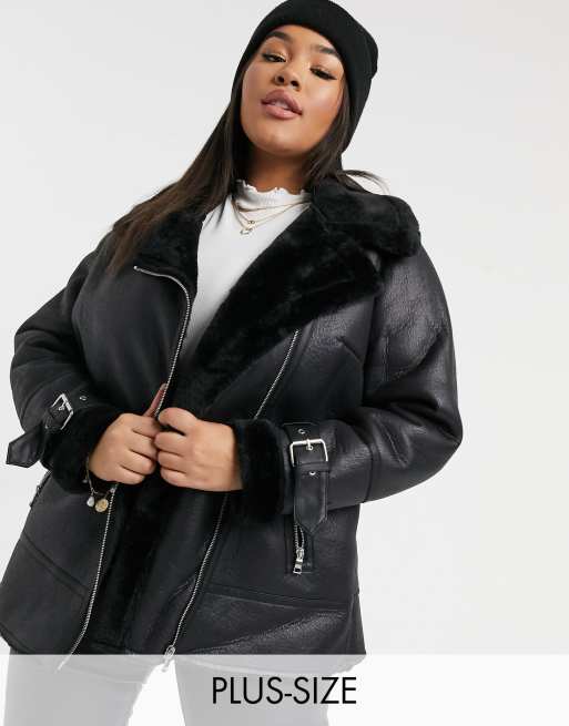 New Look Curve faux fur trim aviator jacket in black