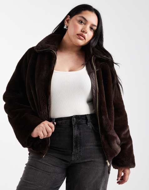 New Look Curve faux fur zip up jacket in brown - view 1