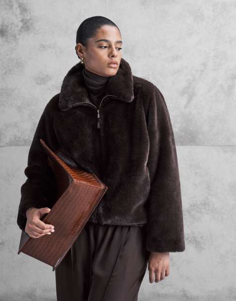 New Look Curve faux fur zip up jacket in brown