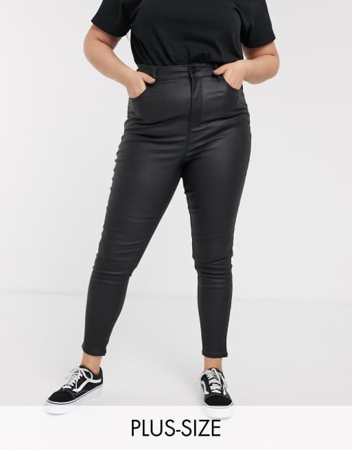 New Look Curve faux leather coated lift and skinny jeans in black | ASOS