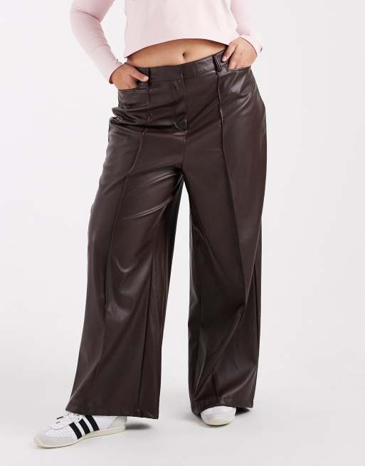New Look Curve faux-leather wide leg pants in brown, 2 of 5
