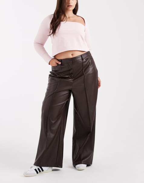 New Look Curve faux leather wide leg trousers in brown - view 1