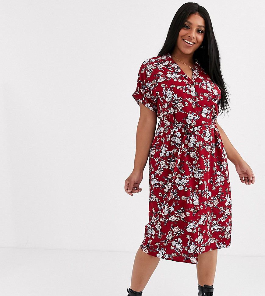 New Look Curve floral belted shirt dress-Multi