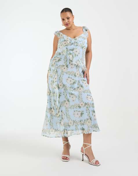 New Look Curve floral chiffon ruffle midi dress in blue