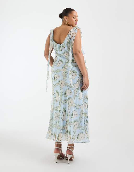 New Look Curve floral chiffon ruffle midi dress in blue, 4 of 4