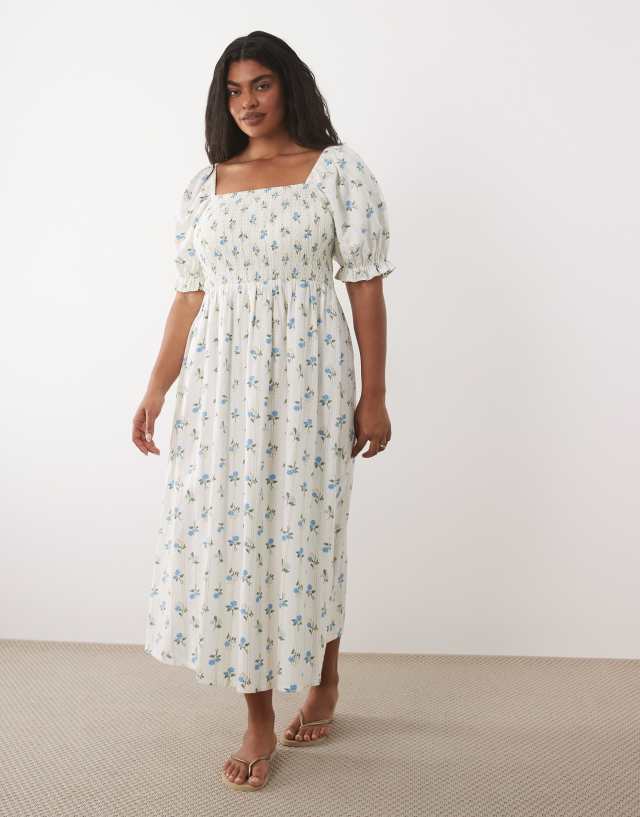 New Look Curve floral frill milkmaid midi dress in cream | ASOS