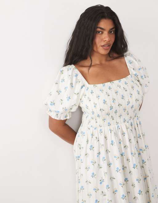 New Look Curve floral frill milkmaid midi dress in cream, 2 of 4