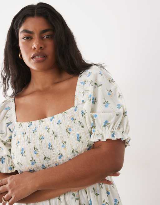 New Look Curve floral frill milkmaid midi dress in cream, 3 of 4