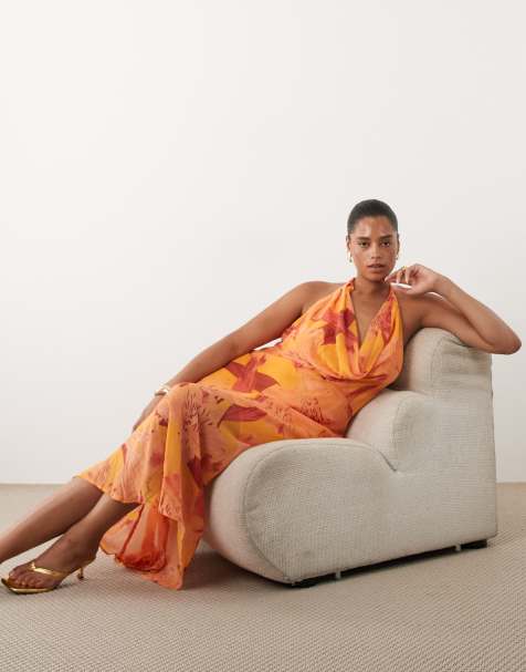 New Look Curve floral halter neck maxi dress in orange - view 1