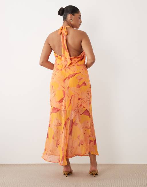 New Look Curve floral halter neck maxi dress in orange, 4 of 4