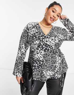 New Look Curve floral long sleeve top peplum in black pattern