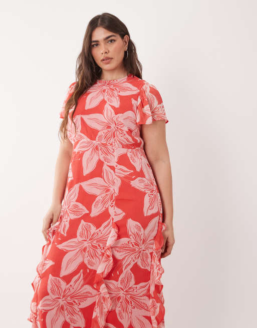 New Look Curve floral print godet chiffon midi dress in pink, 2 of 4
