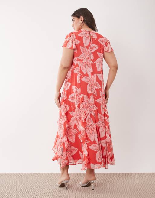 New Look Curve floral print godet chiffon midi dress in pink, 4 of 4