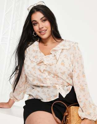 New Look Curve frill button front blouse in peach ditsy print-Navy