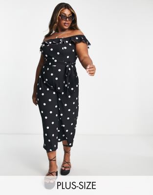 New Look Curve Frill Detail Bardot Jumpsuit In Black Polka Dot