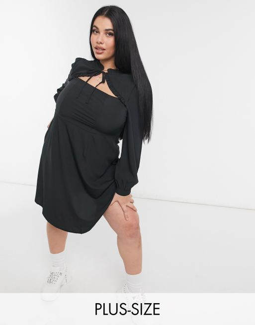 New Look Curve frill edge cut out mini dress in black