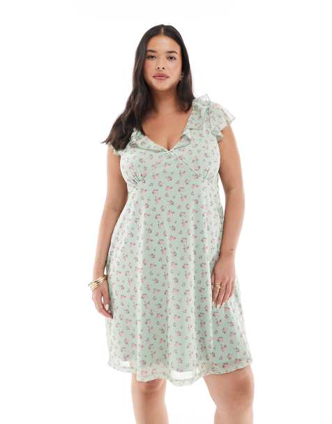 New Look Curve frill neck mesh floral mini dress in green - view 1