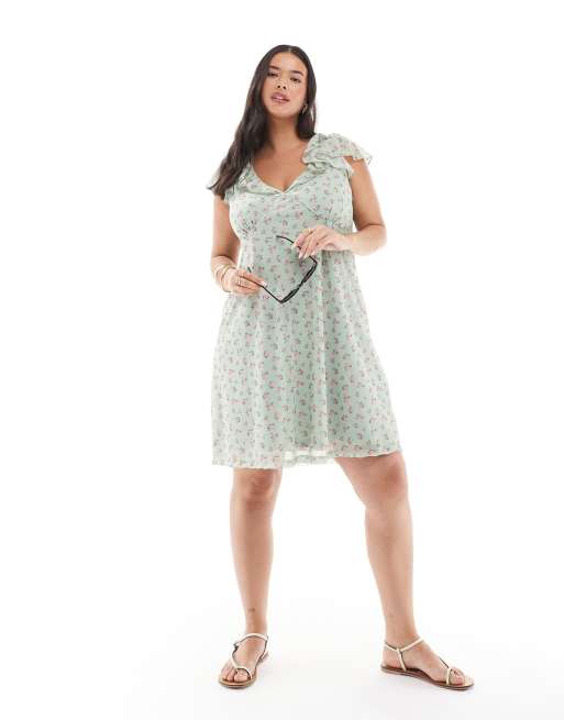 New Look Curve frill neck mesh floral mini dress in green, 2 of 4