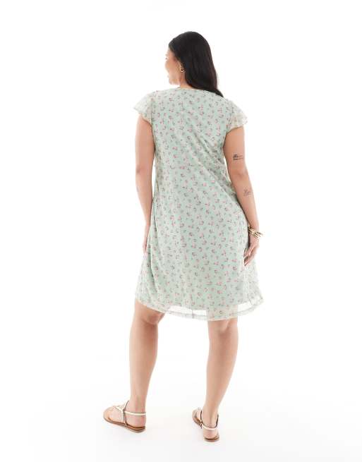 New Look Curve frill neck mesh floral mini dress in green, 4 of 4