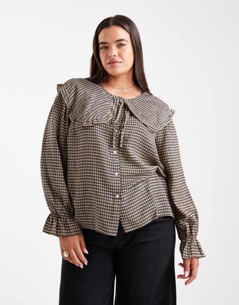 New Look Curve frill oversized collar check shirt in brown - view 1