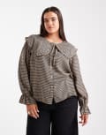 [New Look Plus] New Look Curve frill oversized collar check shirt in brown 26 Brown pattern