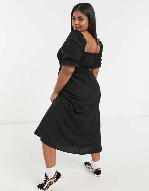 New Look Curve – Gerafftes Midikleid in Schwarz mit Puffärmeln, 2 von 4