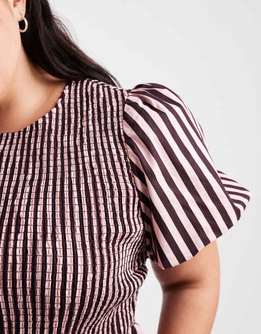 New Look Curve - Gesmokte midi jurk in roze strepen, 4 van 4