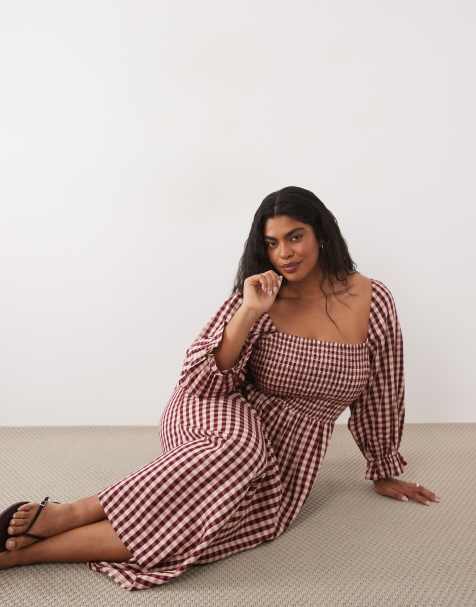 New Look Curve - Gesmokte midi jurk met gingham ruit in roze - view 1