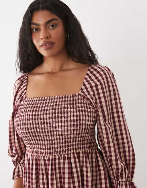 New Look Curve - Gesmokte midi jurk met gingham ruit in roze, 3 van 4