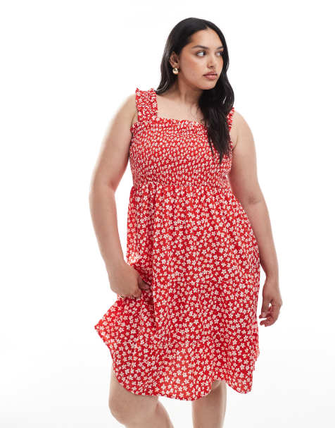 New Look Curve - Gesmokte mini-jurk met bloemenprint in rood - view 1