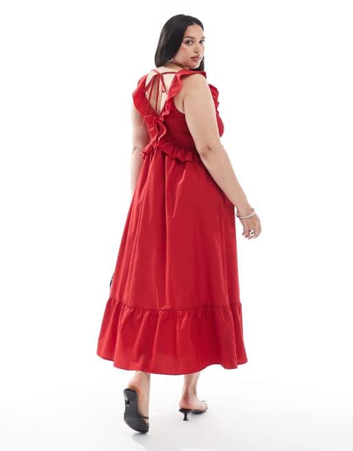 New Look Curve – Gesmoktes Midikleid in kräftigem Rot mit Rüschen, 2 von 4