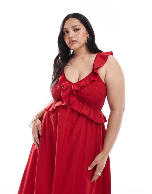 New Look Curve – Gesmoktes Midikleid in kräftigem Rot mit Rüschen, 4 von 4