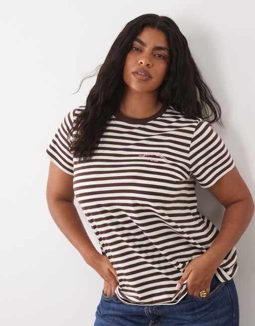 New Look Curve - Gestreept T-shirt met GF-slogan in bruin, 3 van 4