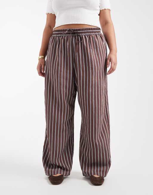 New Look Curve - Gestreepte broek met wijde pijpen in bruin, 3 van 5