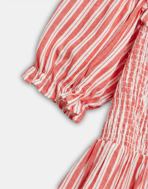 New Look Curve - Gestreepte mini melkmeisjesjurk met ruches in rood, 8 van 8