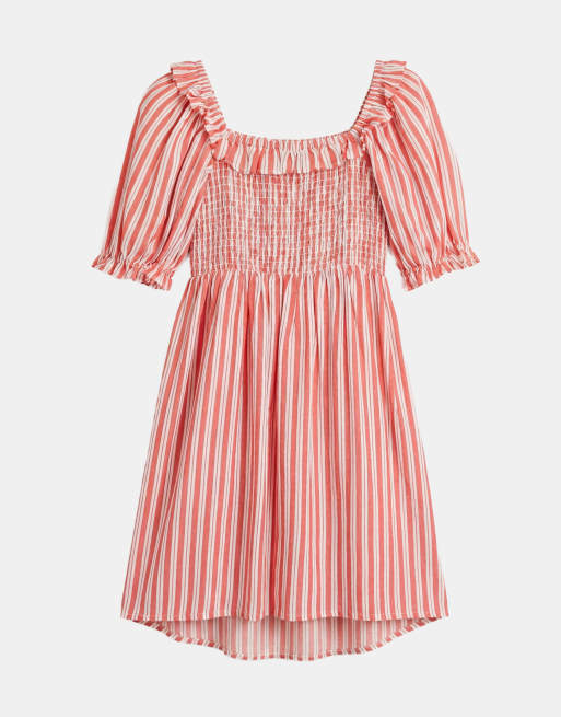 New Look Curve – Gestreiftes, kurzes Milchmädchen-Kleid in Rot mit Rüschen, 5 von 7