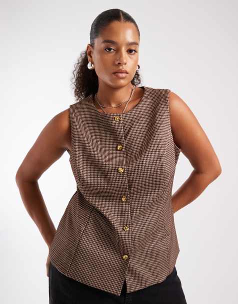 New Look Curve - Gilet de tailleur à motif pied-de-poule - Marron - view 1