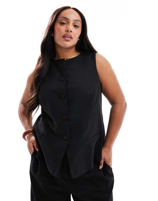 New Look Curve - Gilet girocollo taglio lungo in lino nero