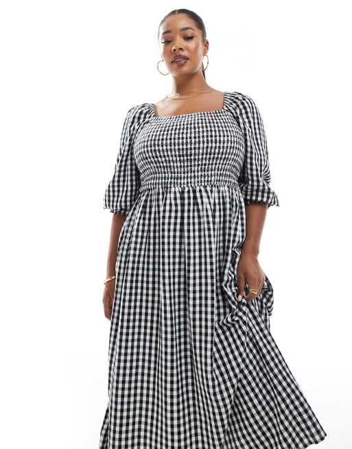 New Look Curve gingham long sleeve midi dress in black, 3 of 4