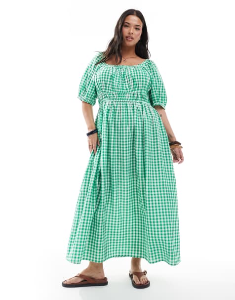 New Look Curve gingham milkmaid midi dress in green - view 1